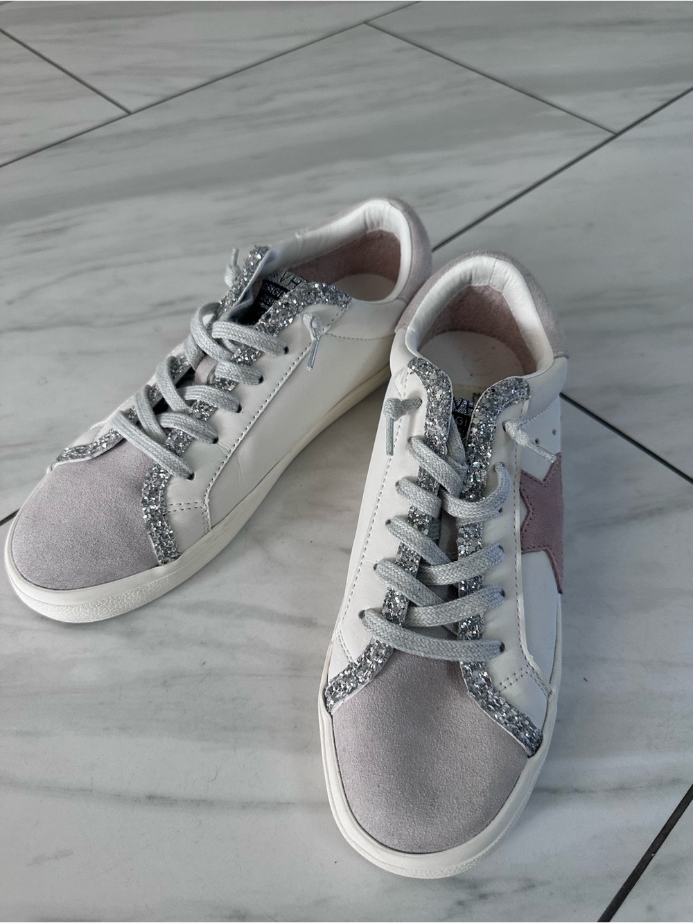 Vintage Havana White Sneakers with Pink Star and Silver Glitter 8.5